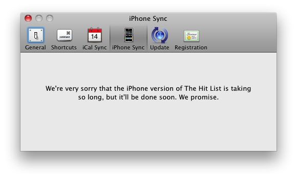 The Hit List Preferences with promised iPhone Sync
